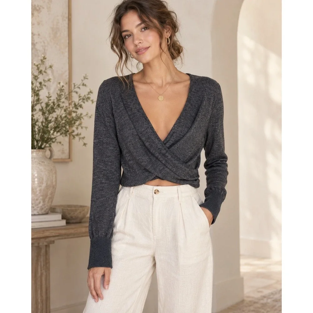 Anthropologie Surplice Wrap Balletcore Sweater Charcoal Parisian Crop Top Small